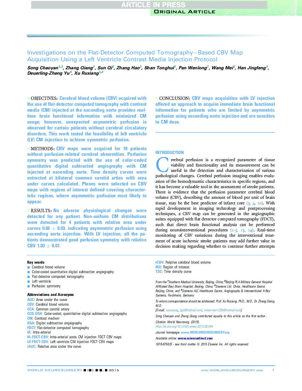 Investigations on the Flat-Detector Computed TomographyâBased CBV Map Acquisition Using a Left Ventricle Contrast Media Injection Protocol