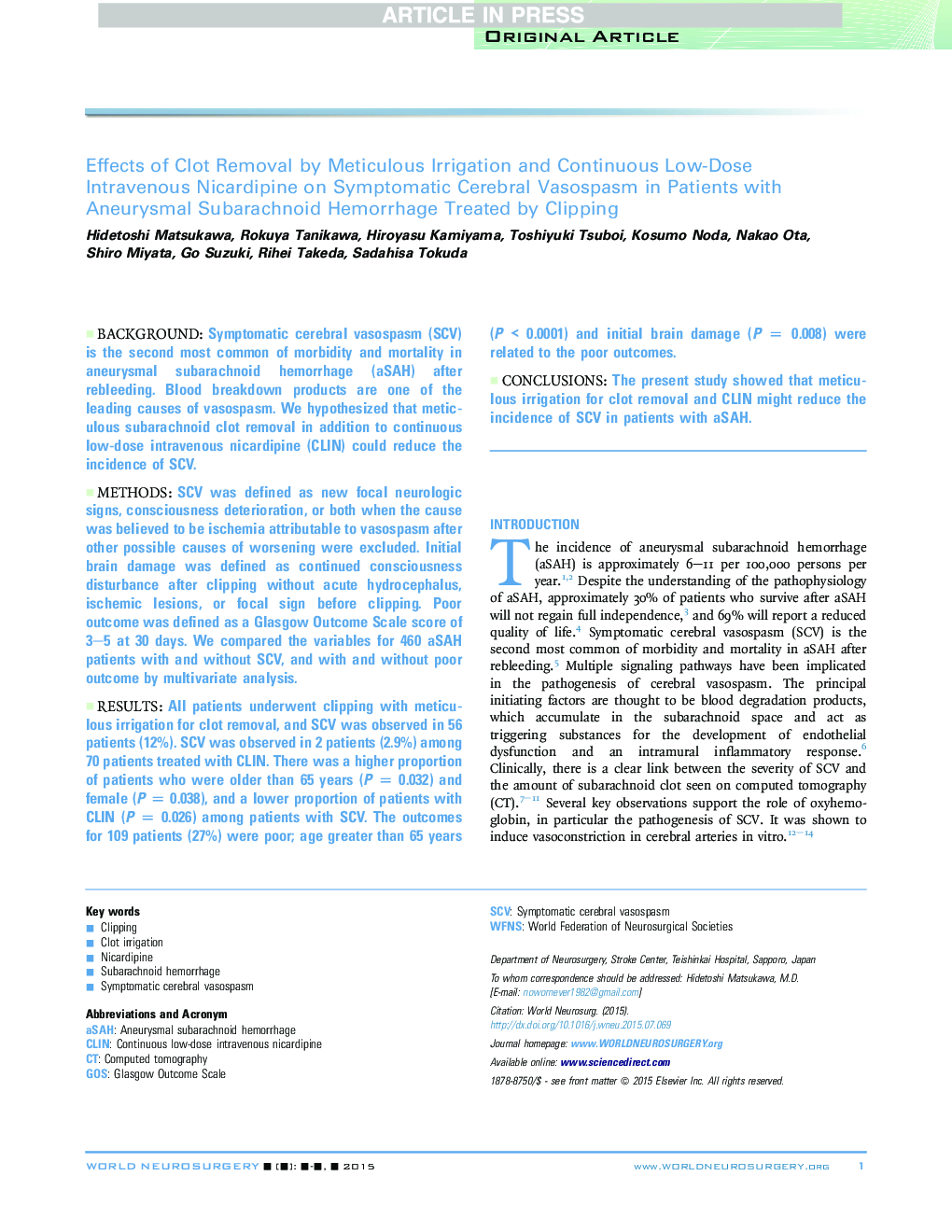 Effects of Clot Removal by Meticulous Irrigation and Continuous Low-Dose Intravenous Nicardipine on Symptomatic Cerebral Vasospasm in Patients with Aneurysmal Subarachnoid Hemorrhage Treated by Clipping