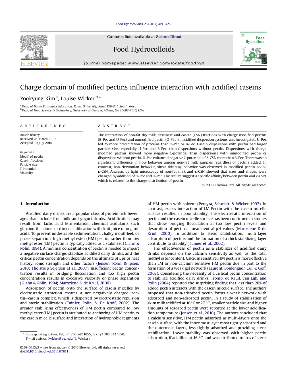 Charge domain of modified pectins influence interaction with acidified caseins