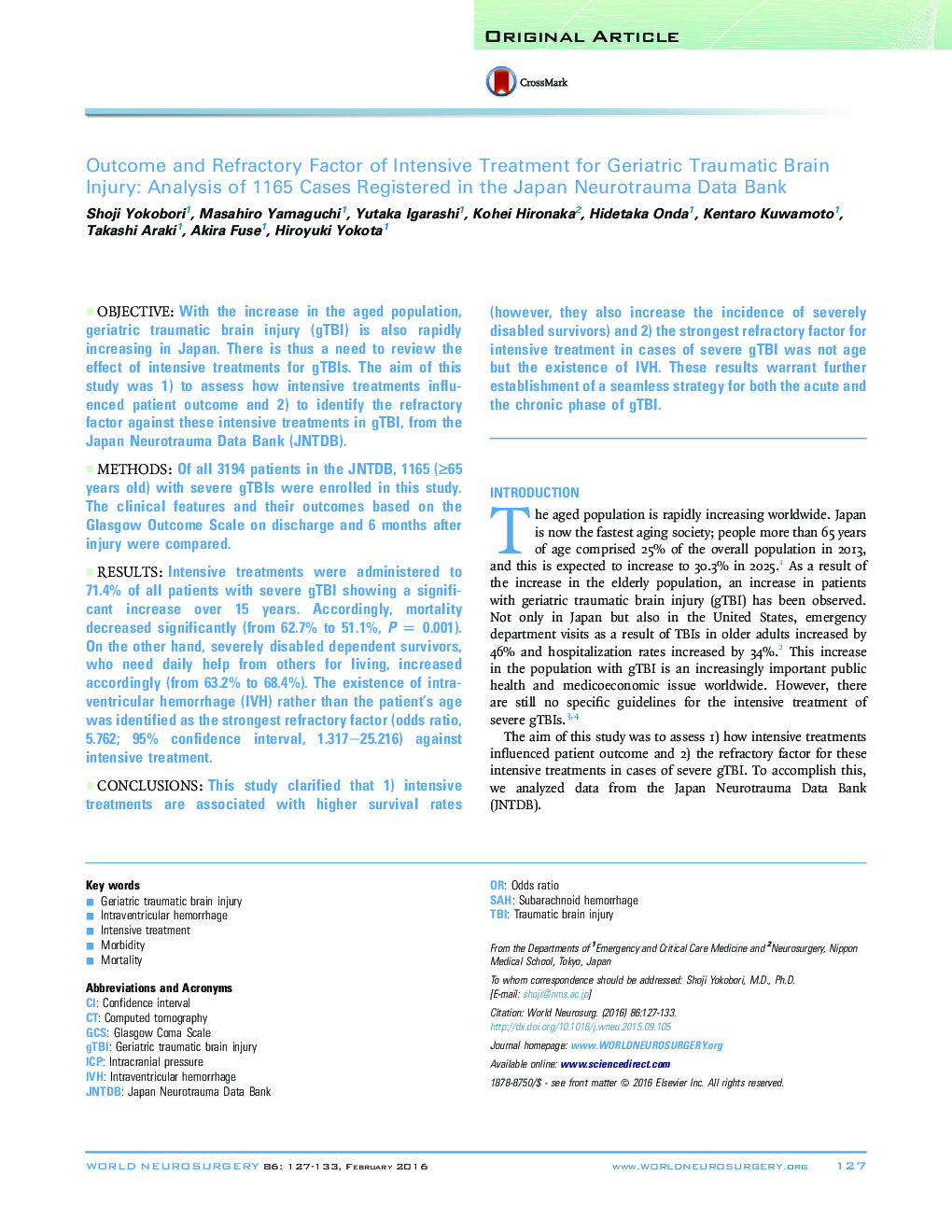 Outcome and Refractory Factor of Intensive Treatment for Geriatric Traumatic Brain Injury: Analysis of 1165 Cases Registered in the Japan Neurotrauma Data Bank