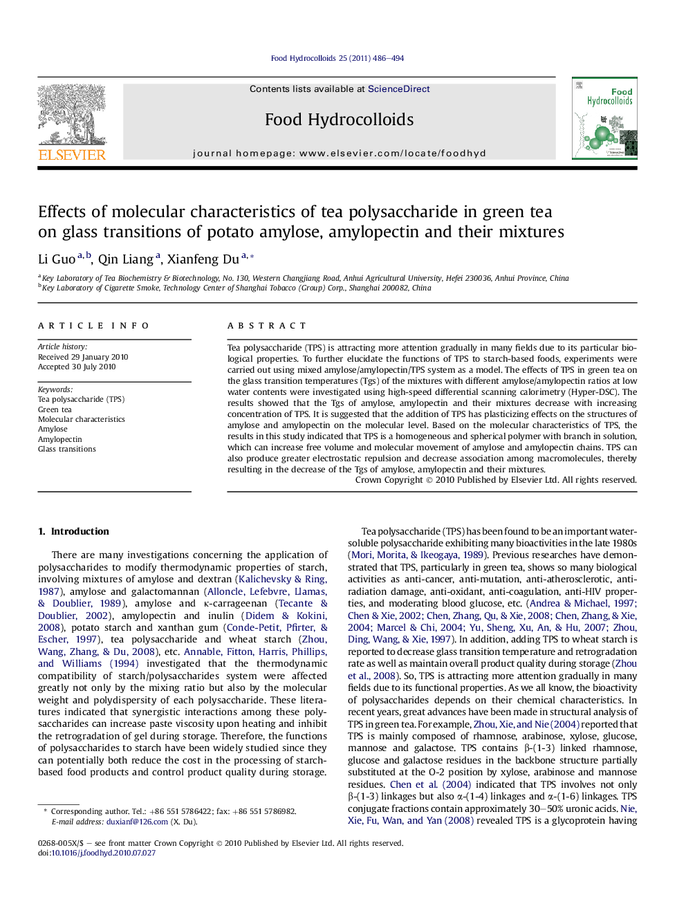 Effects of molecular characteristics of tea polysaccharide in green tea on glass transitions of potato amylose, amylopectin and their mixtures