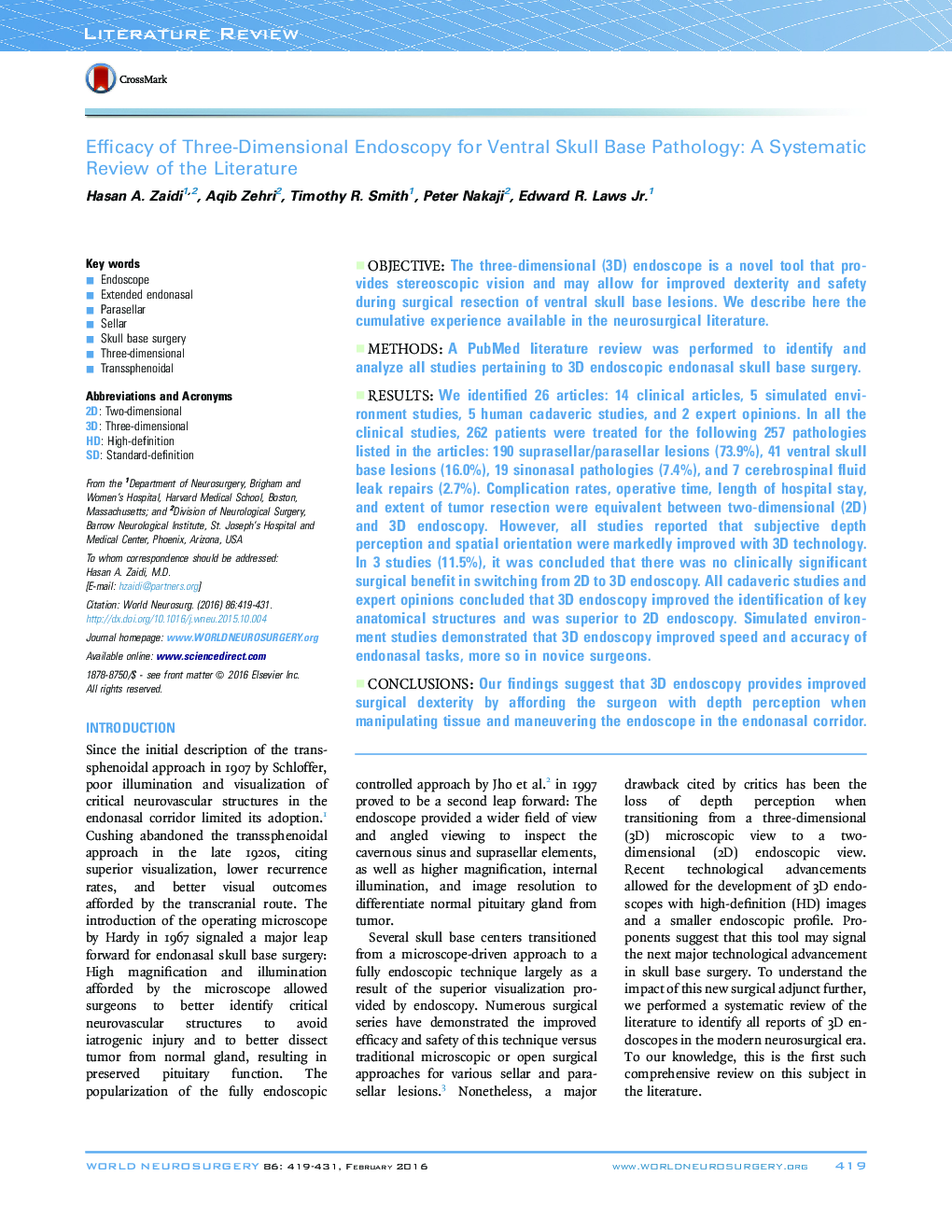 Literature ReviewEfficacy of Three-Dimensional Endoscopy for Ventral Skull Base Pathology: A Systematic Review of the Literature