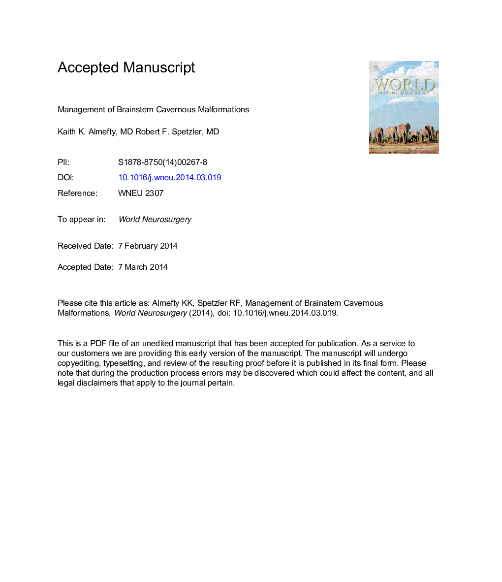 Management of Brainstem Cavernous Malformations