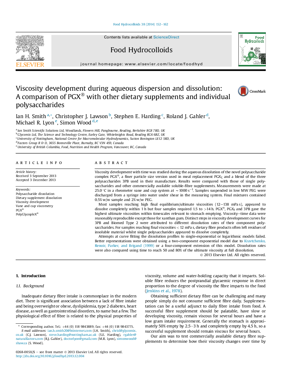 Viscosity development during aqueous dispersion and dissolution: A comparison of PGX® with other dietary supplements and individual polysaccharides