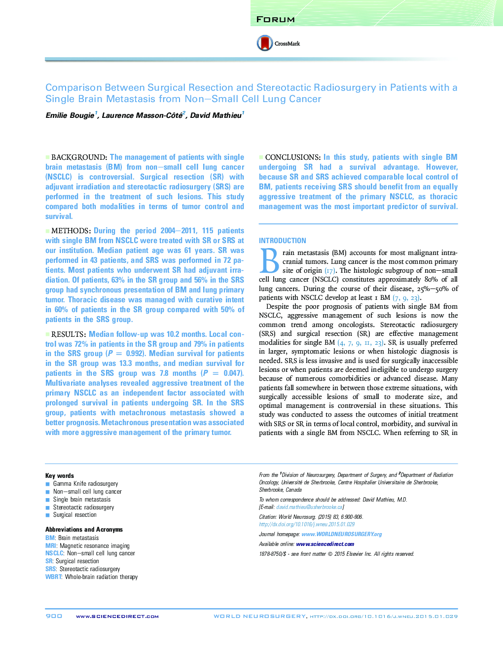 ForumComparison Between Surgical Resection and Stereotactic Radiosurgery in Patients with a Single Brain Metastasis from Non-Small Cell Lung Cancer