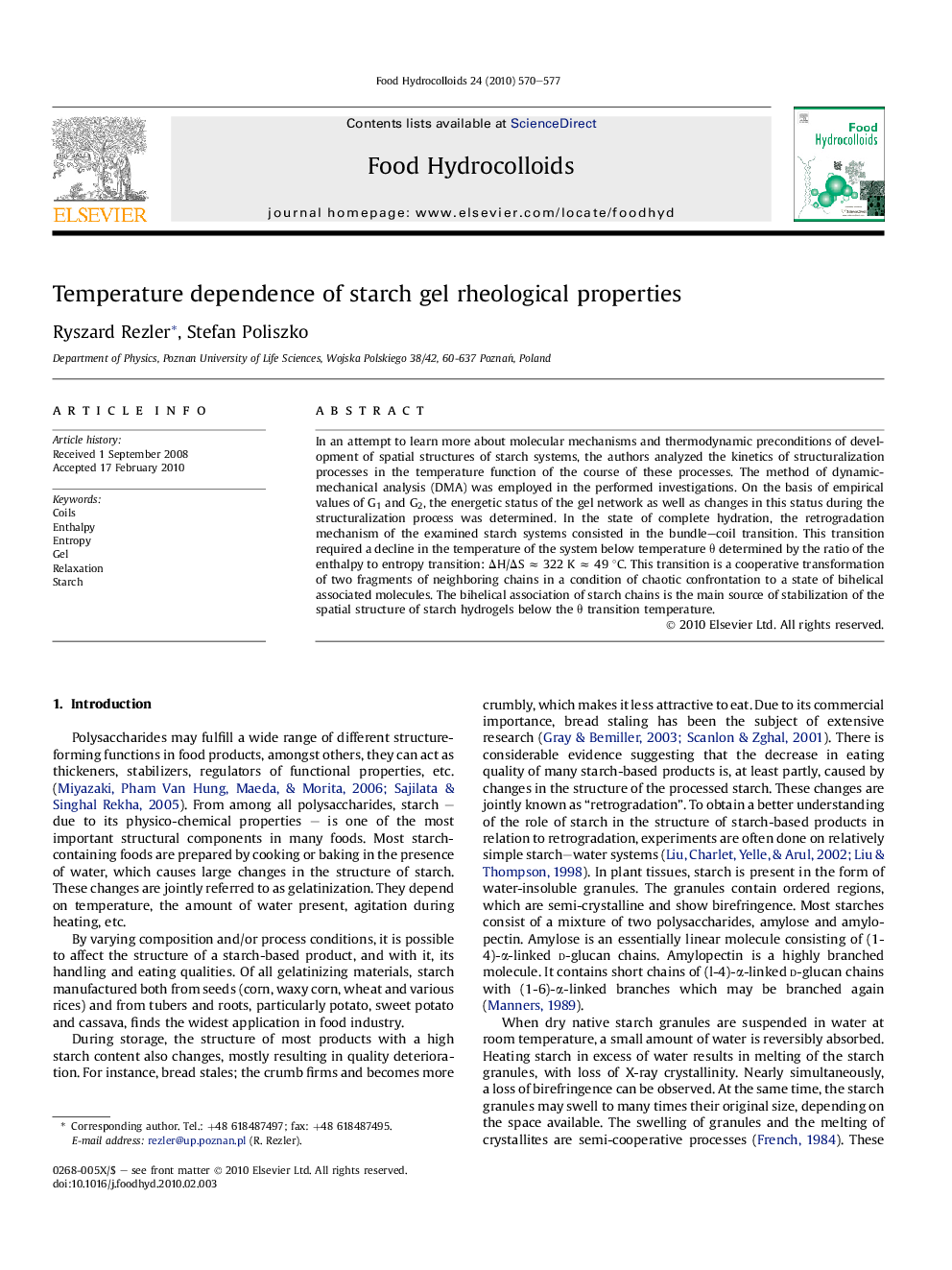 Temperature dependence of starch gel rheological properties