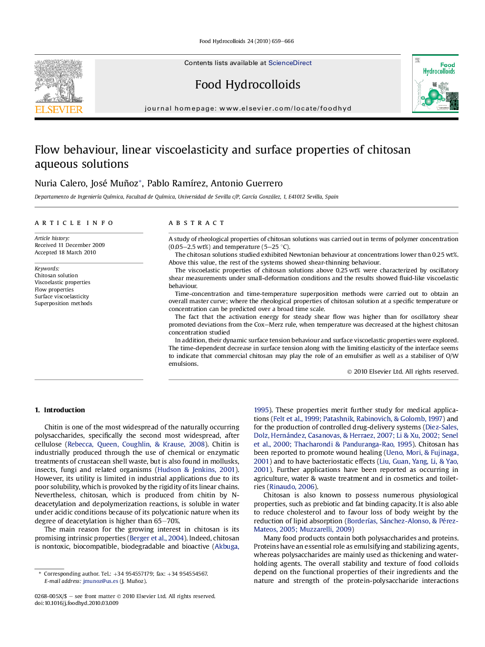 Flow behaviour, linear viscoelasticity and surface properties of chitosan aqueous solutions