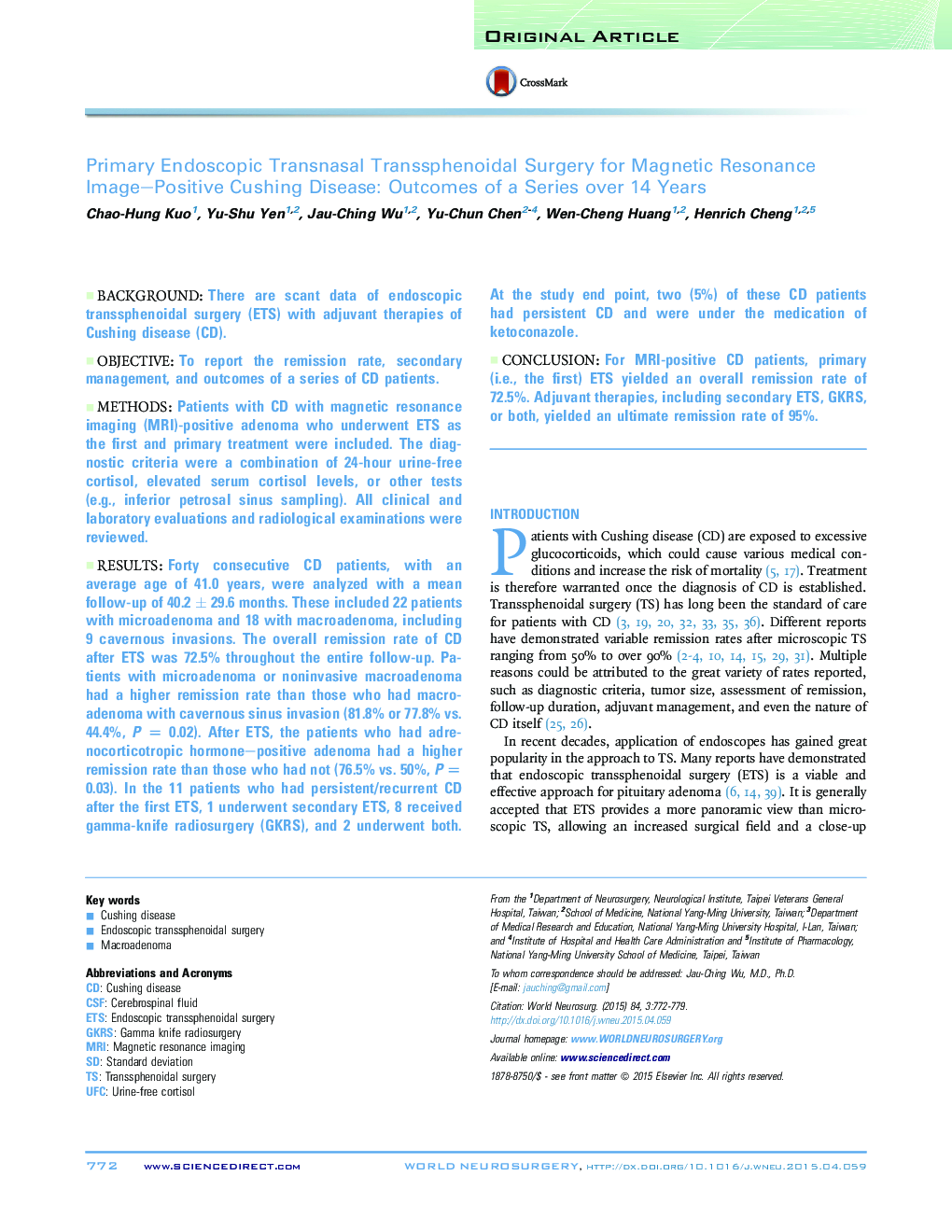 Original ArticlePrimary Endoscopic Transnasal Transsphenoidal Surgery for Magnetic Resonance Image-Positive Cushing Disease: Outcomes of a Series over 14 Years