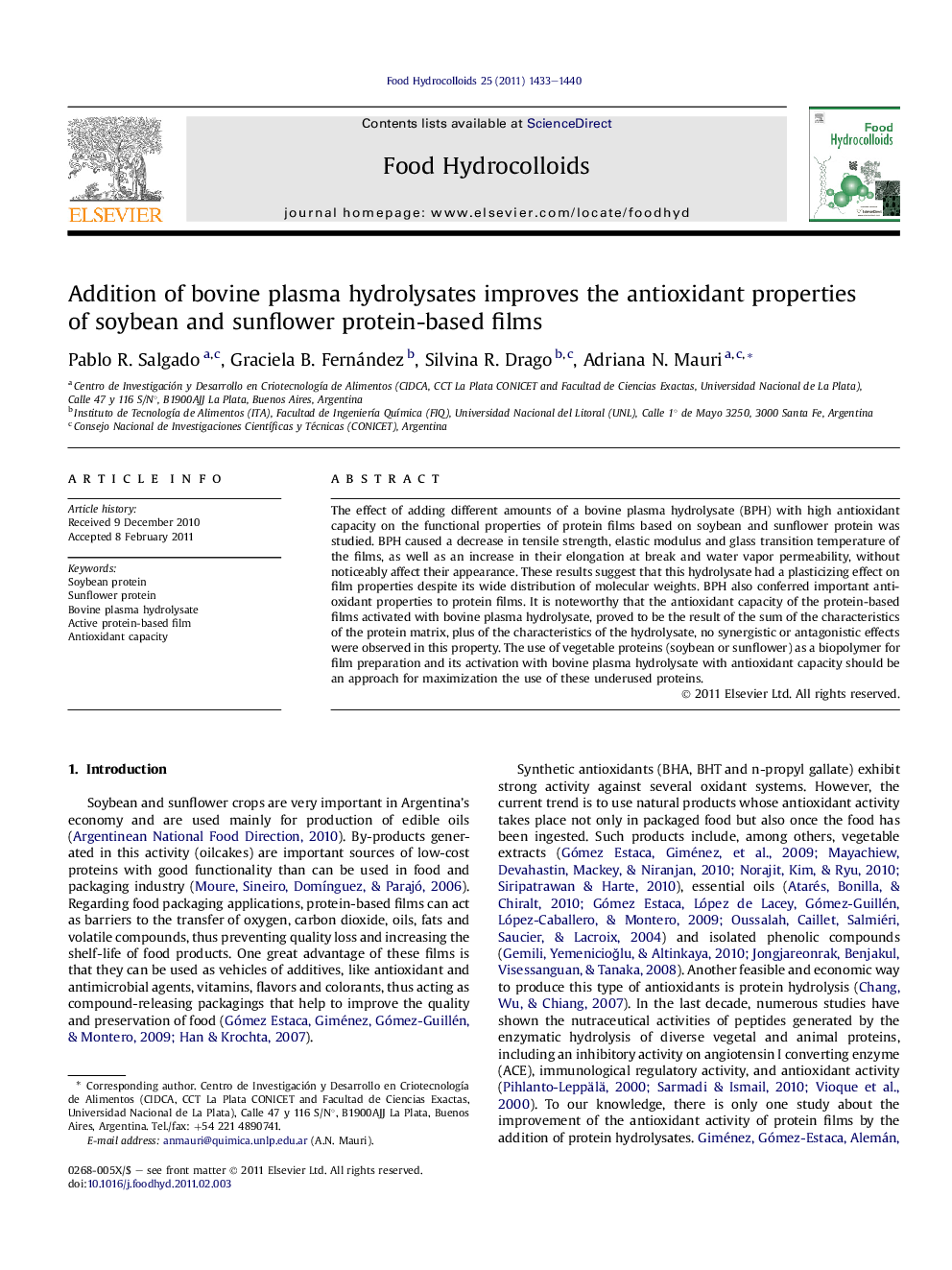 Addition of bovine plasma hydrolysates improves the antioxidant properties of soybean and sunflower protein-based films