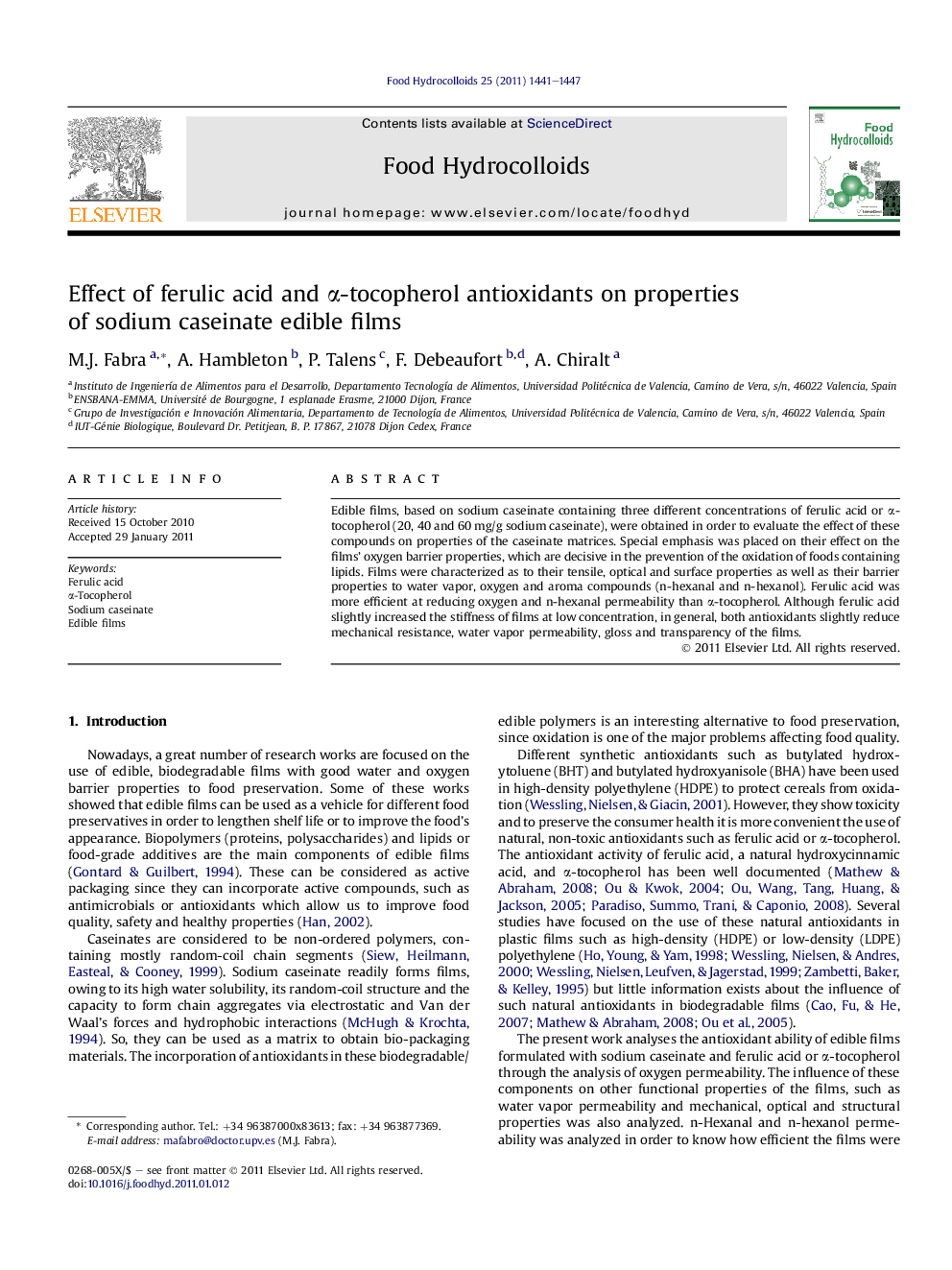 Effect of ferulic acid and α-tocopherol antioxidants on properties of sodium caseinate edible films