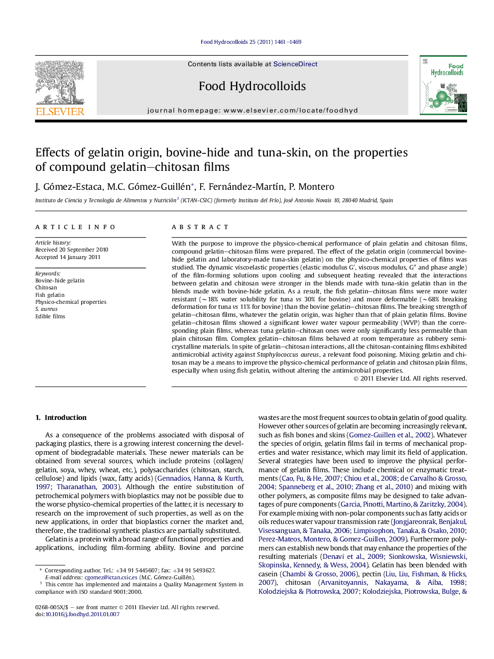 Effects of gelatin origin, bovine-hide and tuna-skin, on the properties of compound gelatin–chitosan films