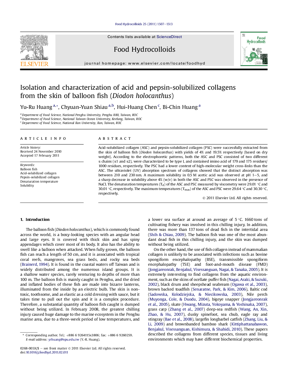 Isolation and characterization of acid and pepsin-solubilized collagens from the skin of balloon fish (Diodon holocanthus)