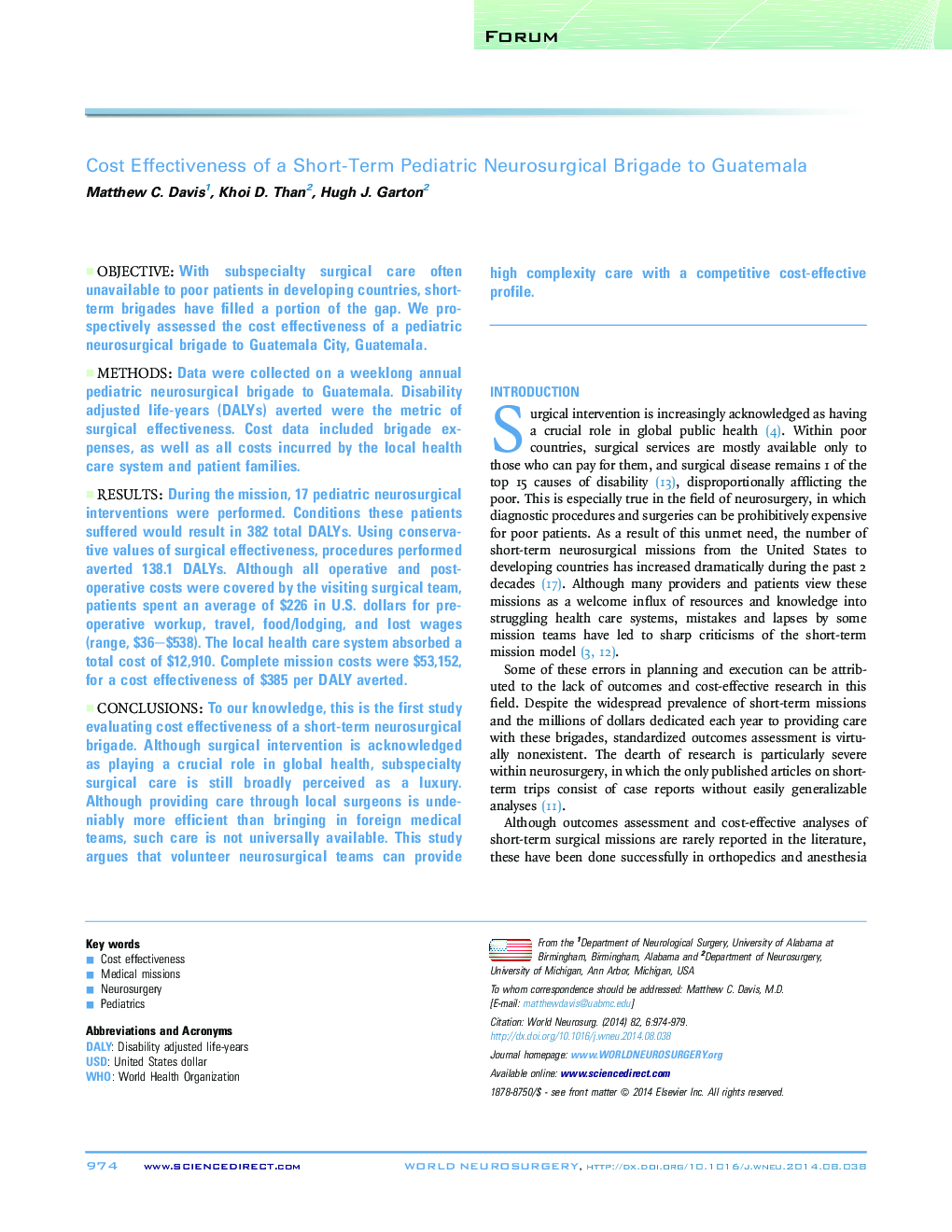 ForumCost Effectiveness of a Short-Term Pediatric Neurosurgical Brigade to Guatemala