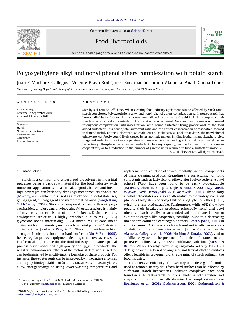 Polyoxyethylene alkyl and nonyl phenol ethers complexation with potato starch