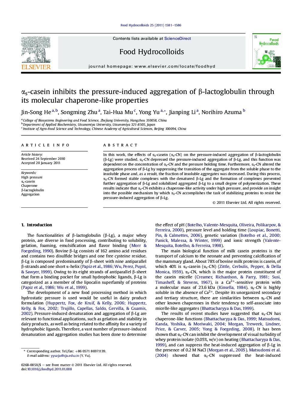 αs-casein inhibits the pressure-induced aggregation of β-lactoglobulin through its molecular chaperone-like properties