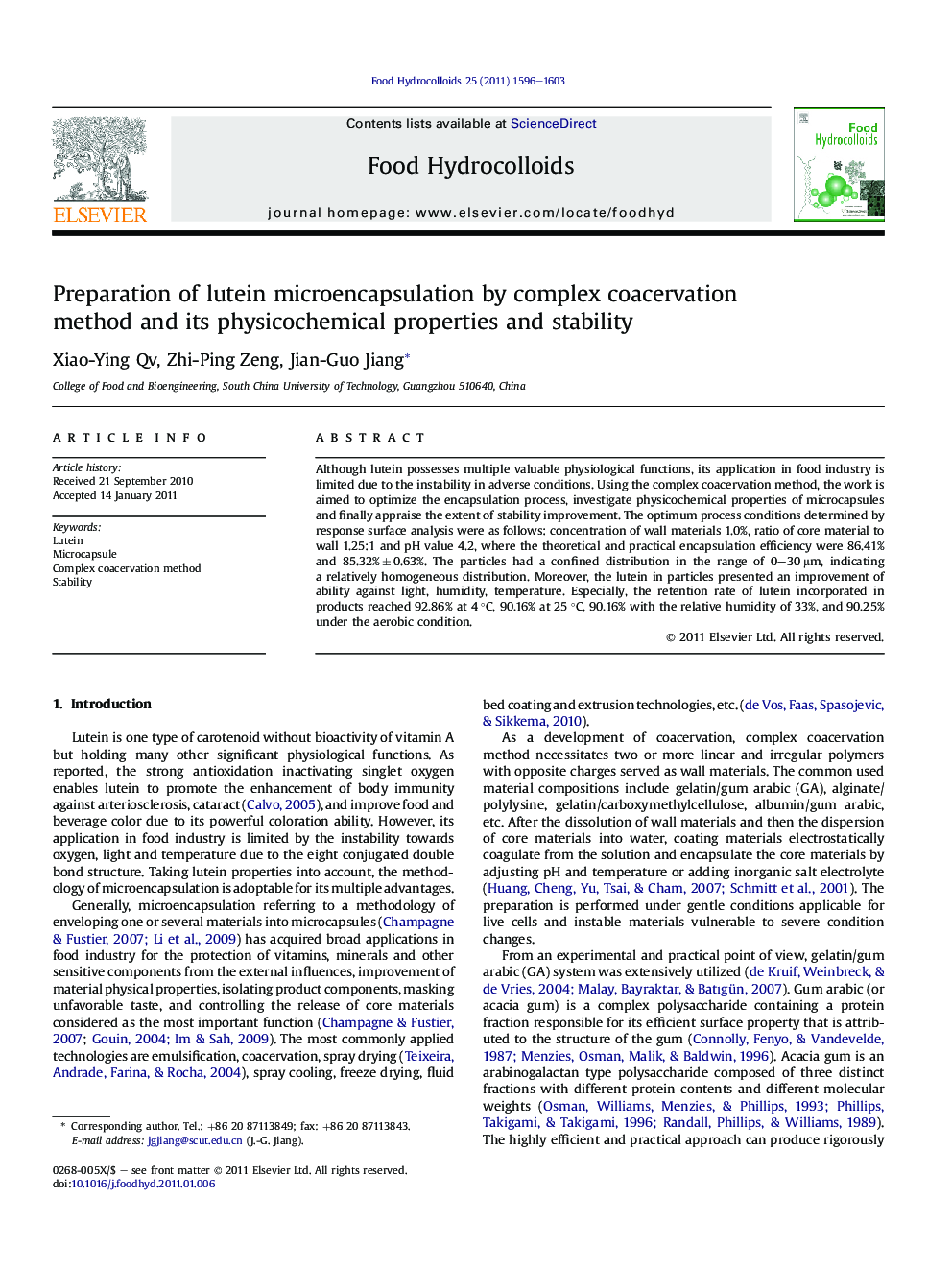 Preparation of lutein microencapsulation by complex coacervation method and its physicochemical properties and stability