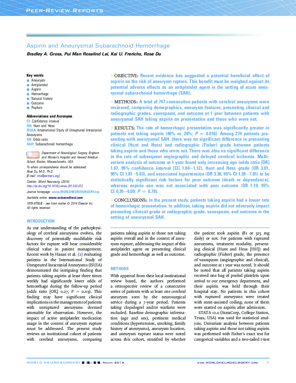 Aspirin and Aneurysmal Subarachnoid Hemorrhage