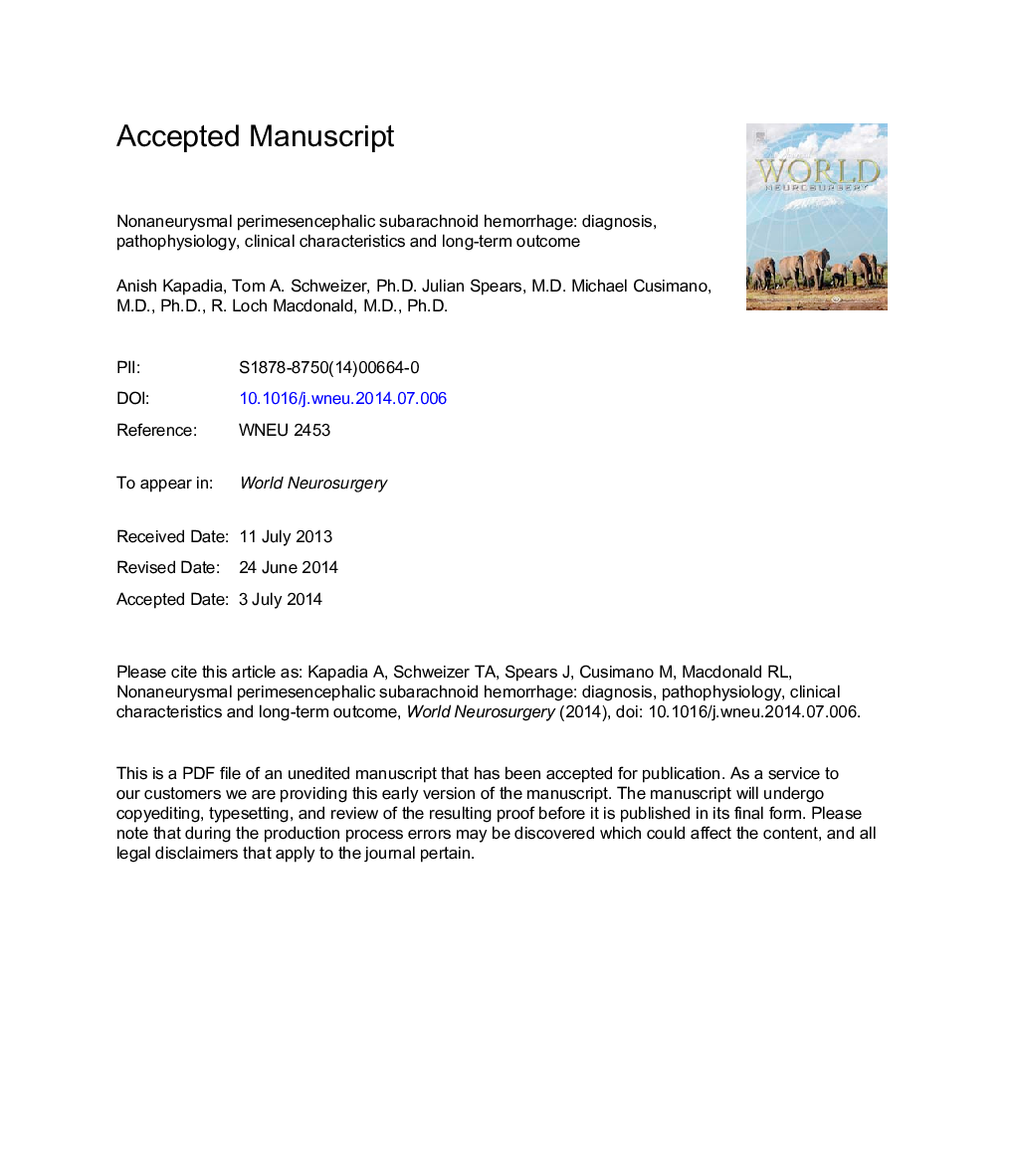 Nonaneurysmal Perimesencephalic Subarachnoid Hemorrhage: Diagnosis, Pathophysiology, Clinical Characteristics, and Long-Term Outcome