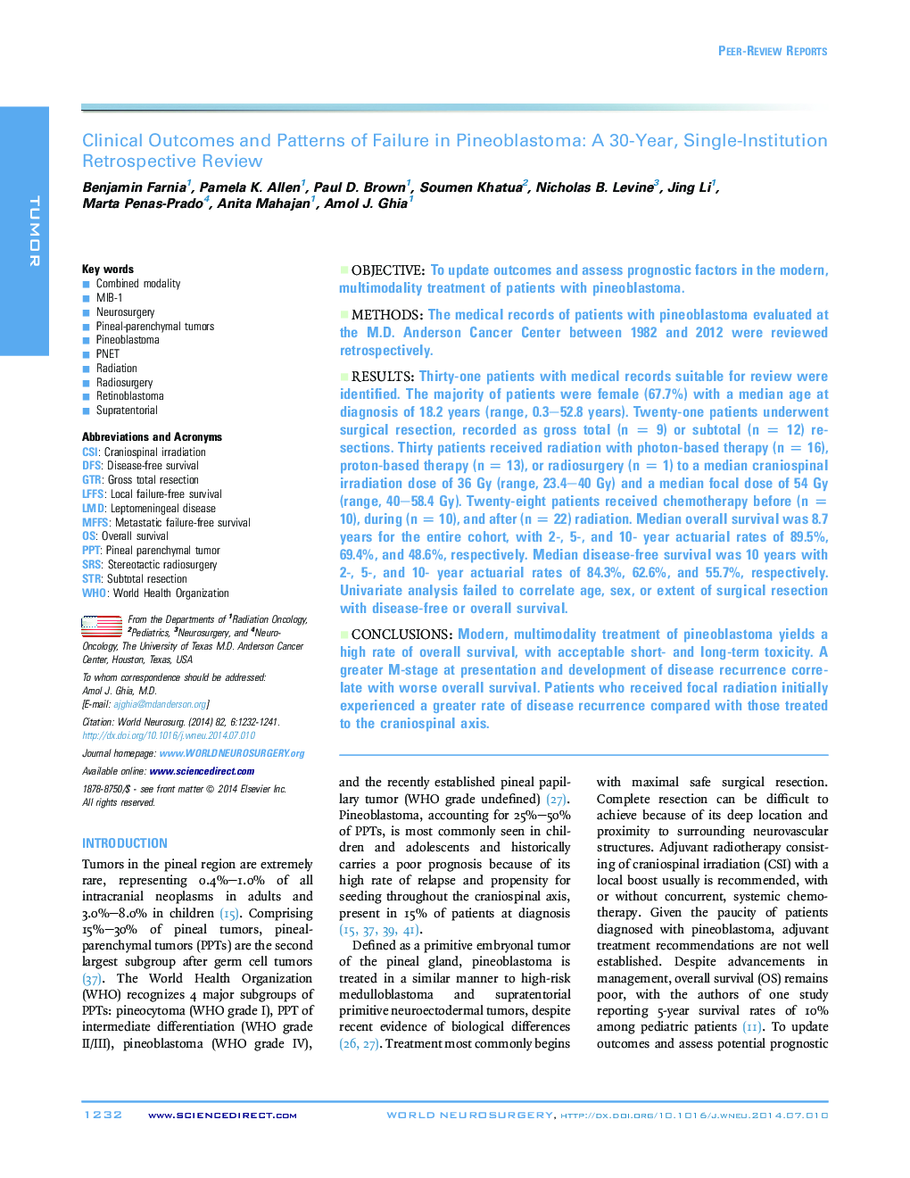 Peer-Review ReportClinical Outcomes and Patterns of Failure in Pineoblastoma: A 30-Year, Single-Institution Retrospective Review