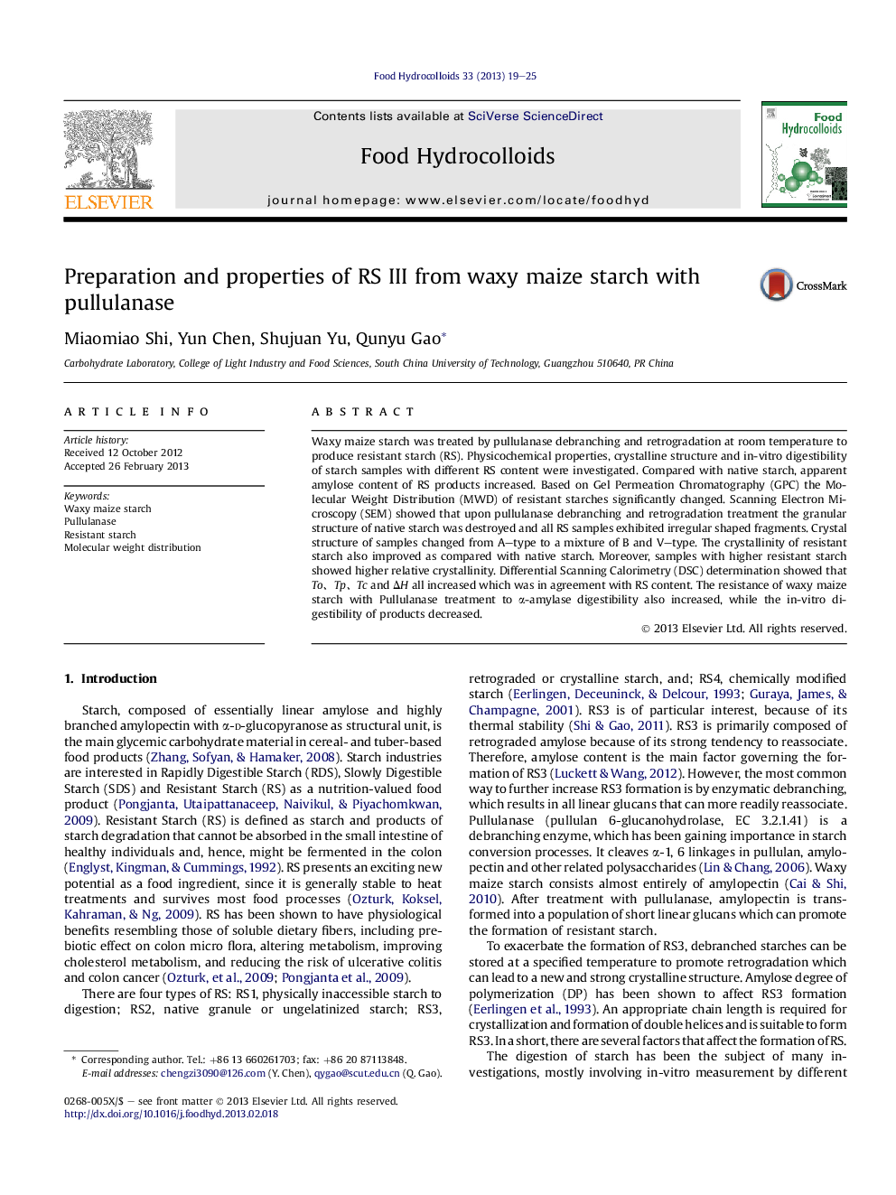 Preparation and properties of RS III from waxy maize starch with pullulanase