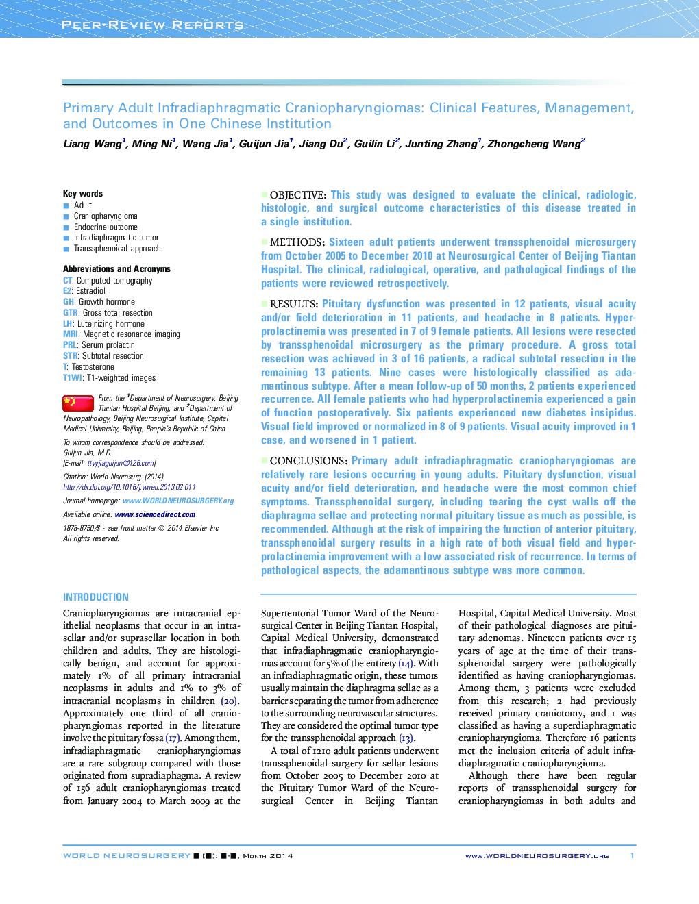 Primary Adult Infradiaphragmatic Craniopharyngiomas: Clinical Features, Management, and Outcomes in One Chinese Institution