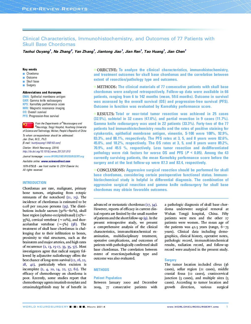 Clinical Characteristics, Immunohistochemistry, and Outcomes of 77 Patients with Skull Base Chordomas