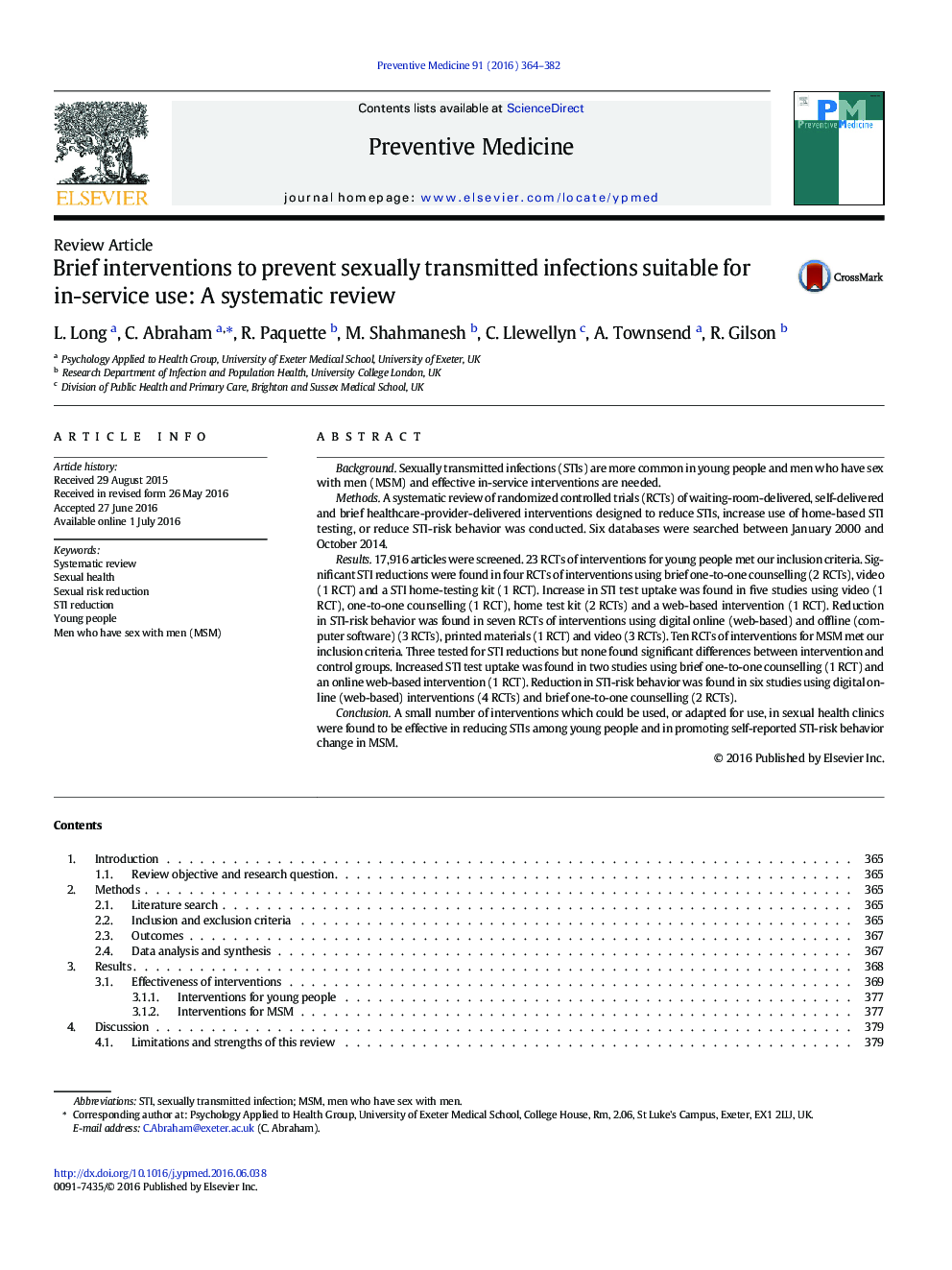 Brief interventions to prevent sexually transmitted infections suitable for in-service use: A systematic review