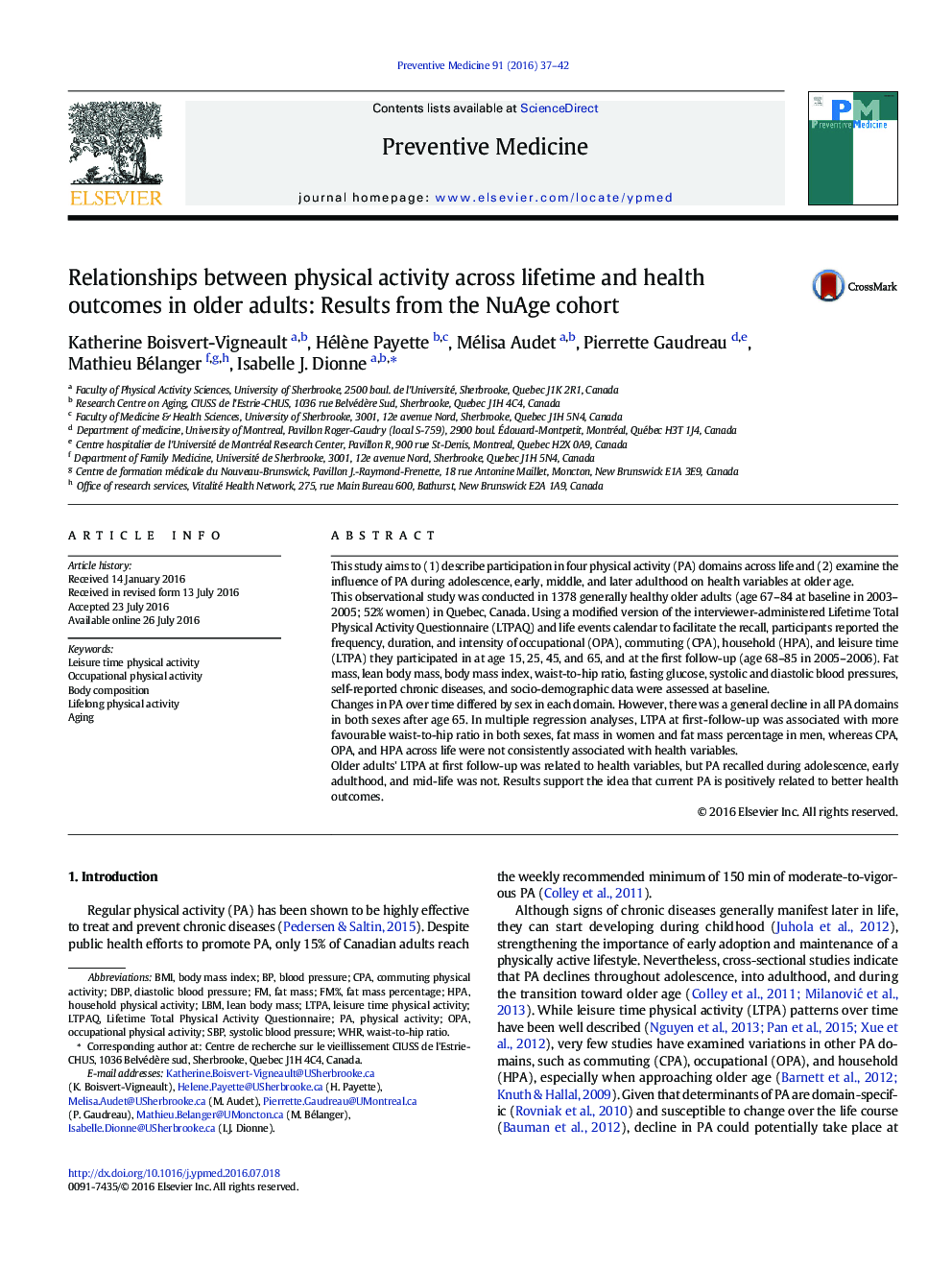 Relationships between physical activity across lifetime and health outcomes in older adults: Results from the NuAge cohort