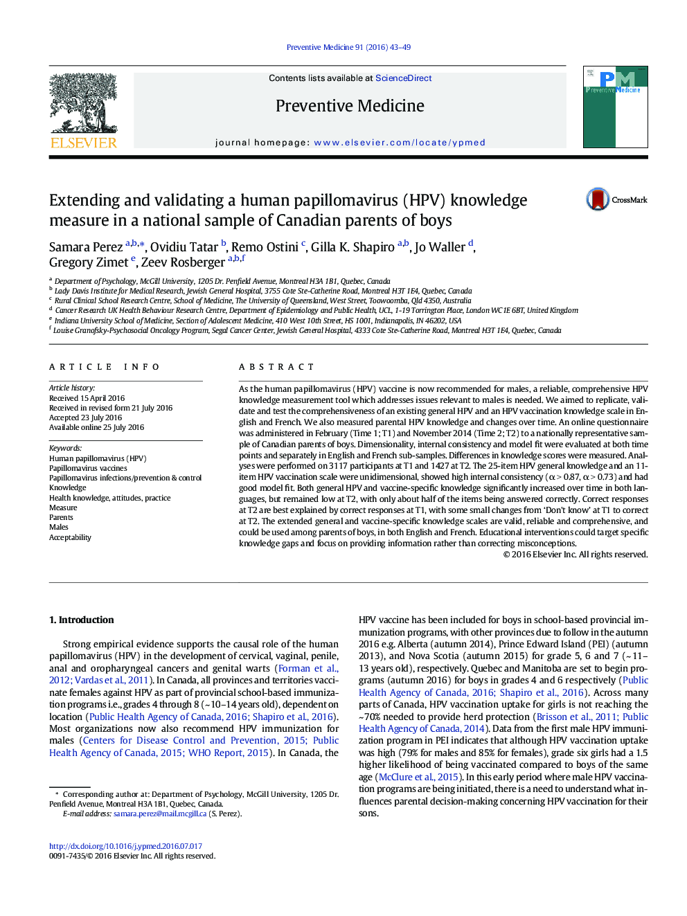 Extending and validating a human papillomavirus (HPV) knowledge measure in a national sample of Canadian parents of boys