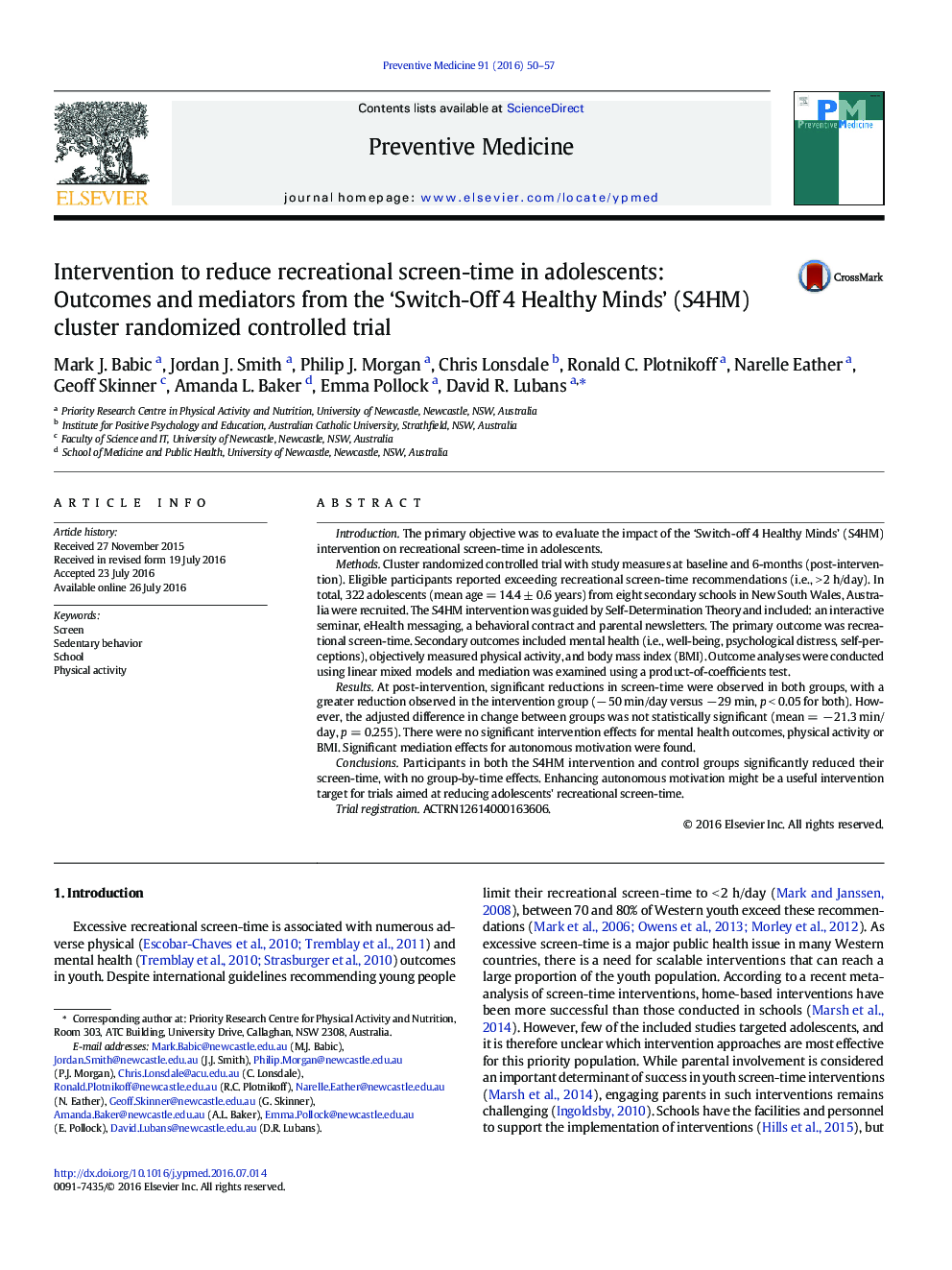 Intervention to reduce recreational screen-time in adolescents: Outcomes and mediators from the 'Switch-Off 4 Healthy Minds' (S4HM) cluster randomized controlled trial