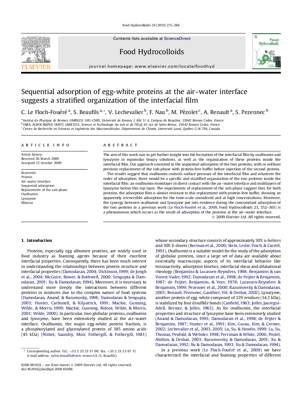 Sequential adsorption of egg-white proteins at the air-water interface suggests a stratified organization of the interfacial film