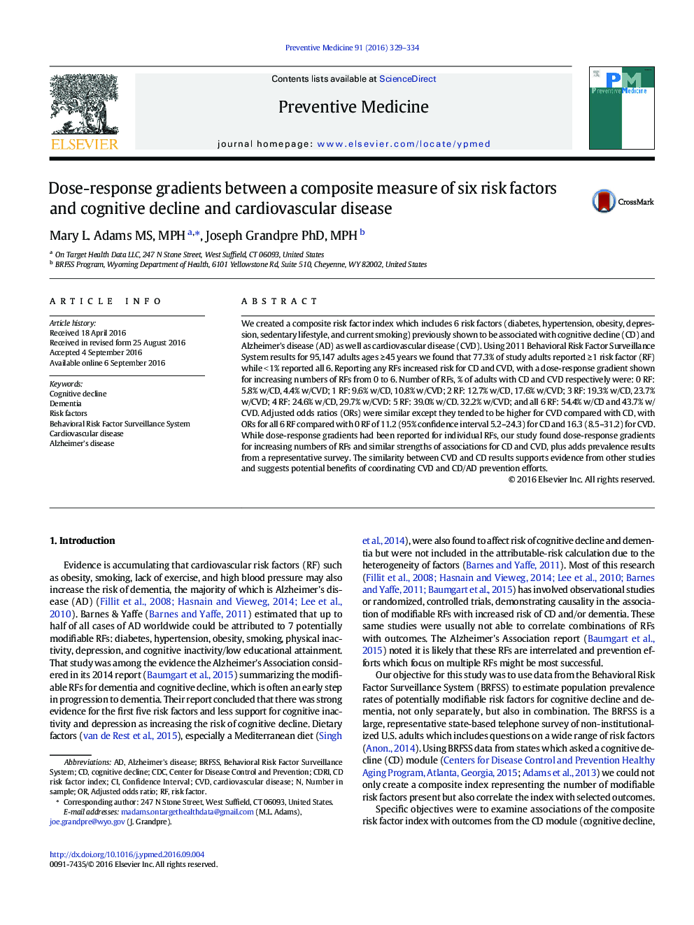 Dose-response gradients between a composite measure of six risk factors and cognitive decline and cardiovascular disease