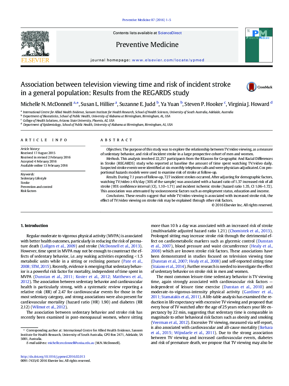 Association between television viewing time and risk of incident stroke in a general population: Results from the REGARDS study