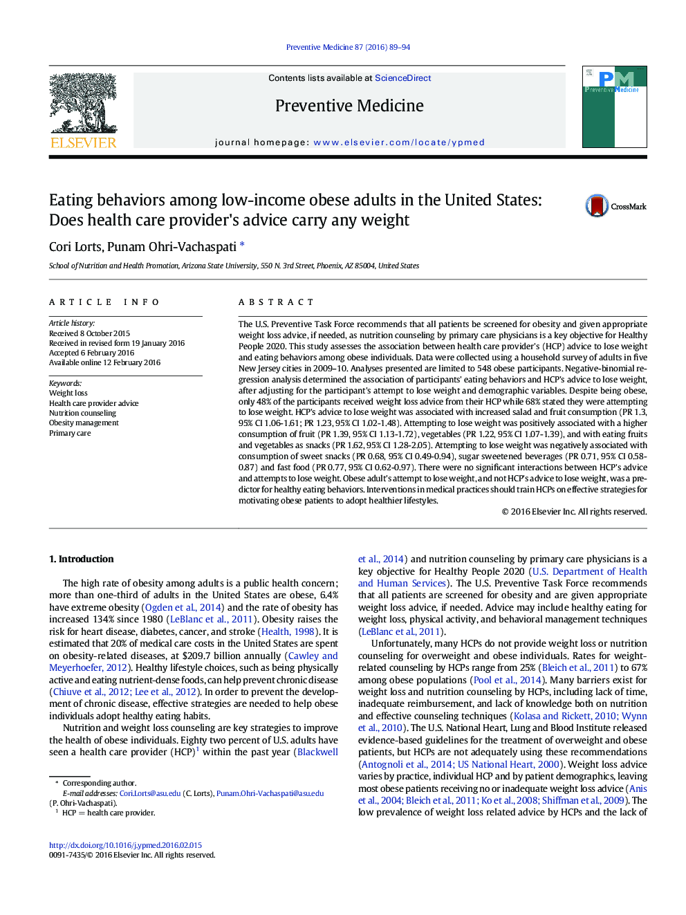 Eating behaviors among low-income obese adults in the United States: Does health care provider's advice carry any weight