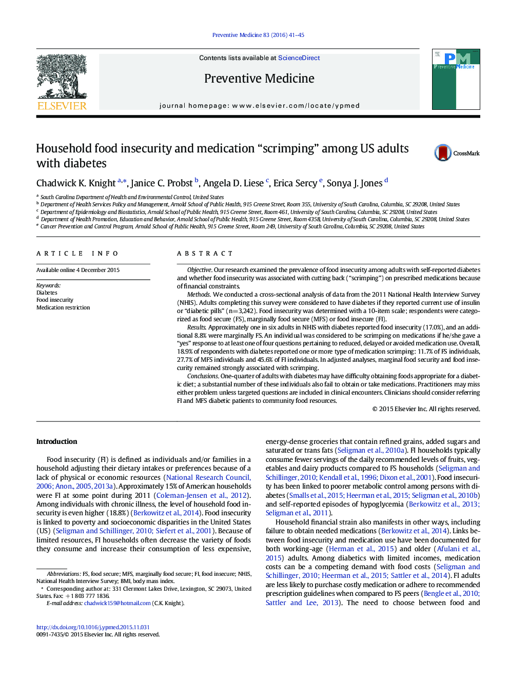 Household food insecurity and medication “scrimping” among US adults with diabetes