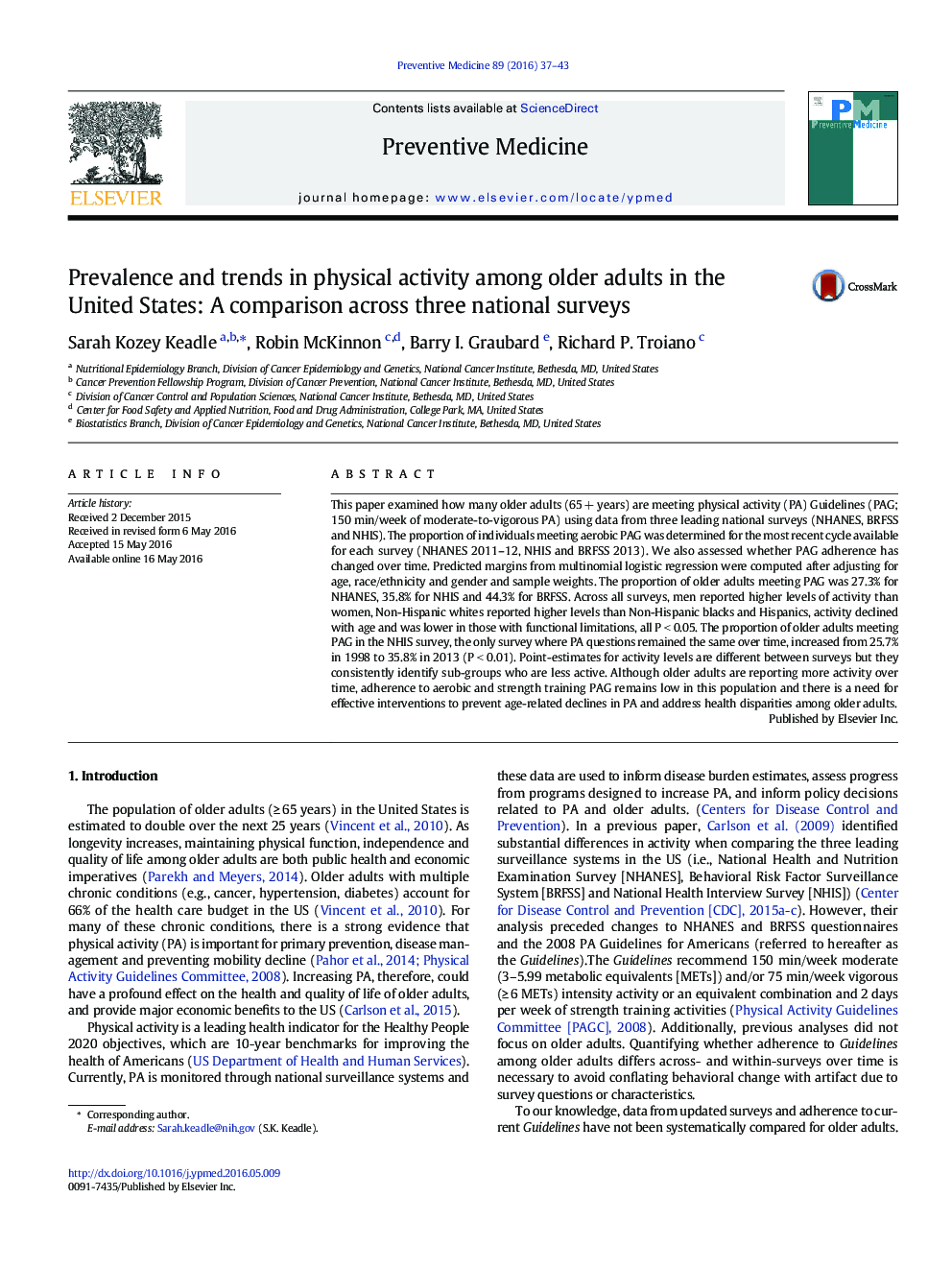 Prevalence and trends in physical activity among older adults in the United States: A comparison across three national surveys