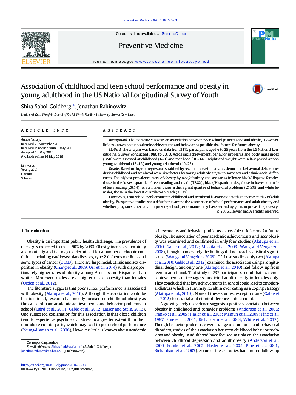 Association of childhood and teen school performance and obesity in young adulthood in the US National Longitudinal Survey of Youth