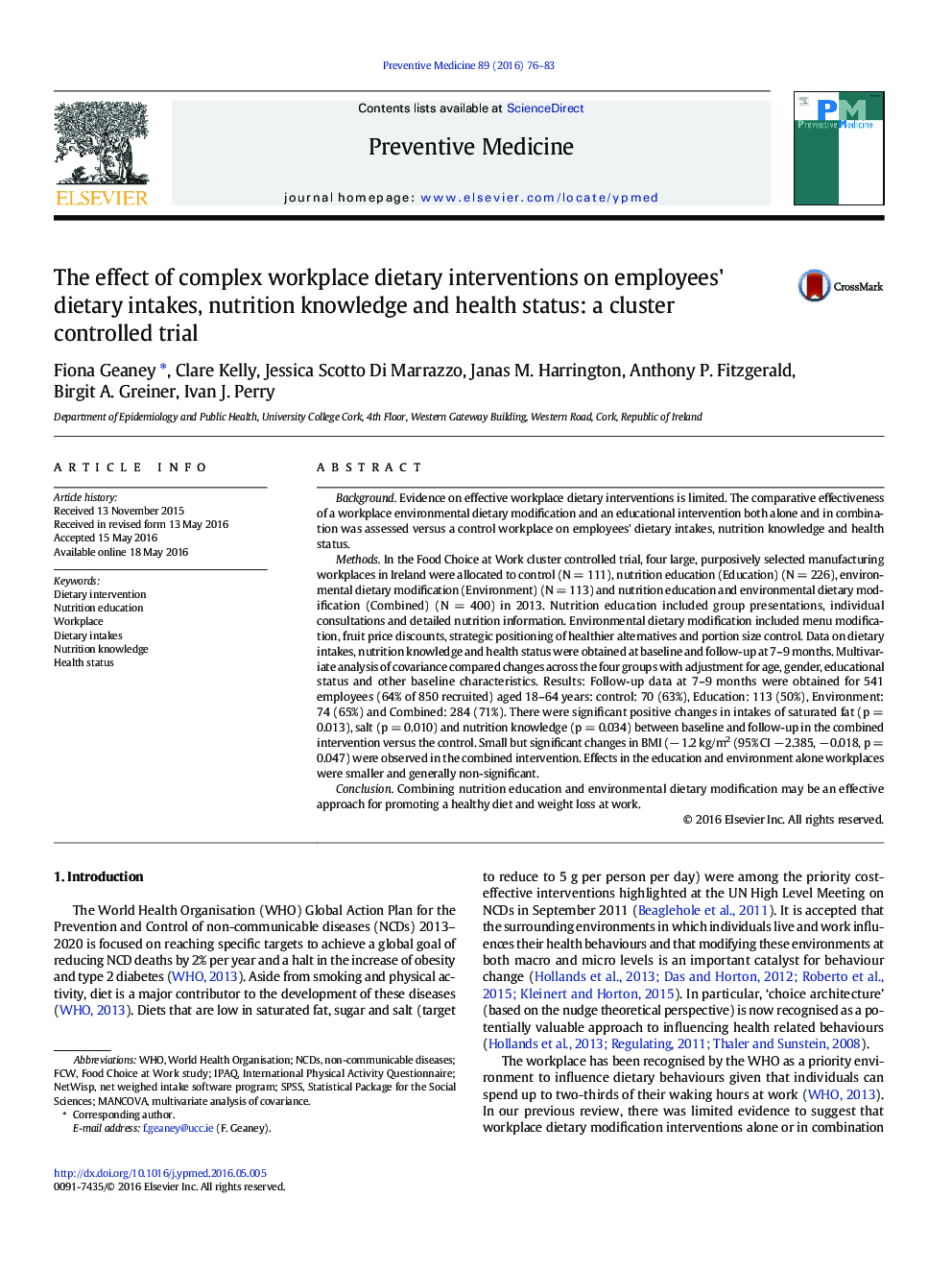 The effect of complex workplace dietary interventions on employees' dietary intakes, nutrition knowledge and health status: a cluster controlled trial