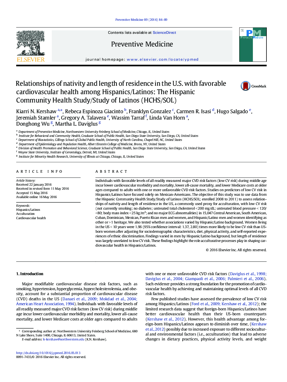 Relationships of nativity and length of residence in the U.S. with favorable cardiovascular health among Hispanics/Latinos: The Hispanic Community Health Study/Study of Latinos (HCHS/SOL)