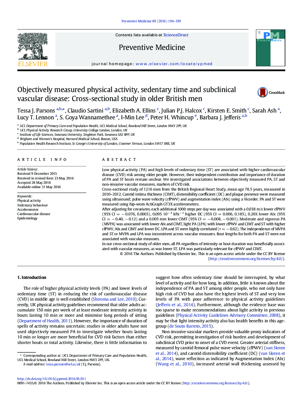 Objectively measured physical activity, sedentary time and subclinical vascular disease: Cross-sectional study in older British men