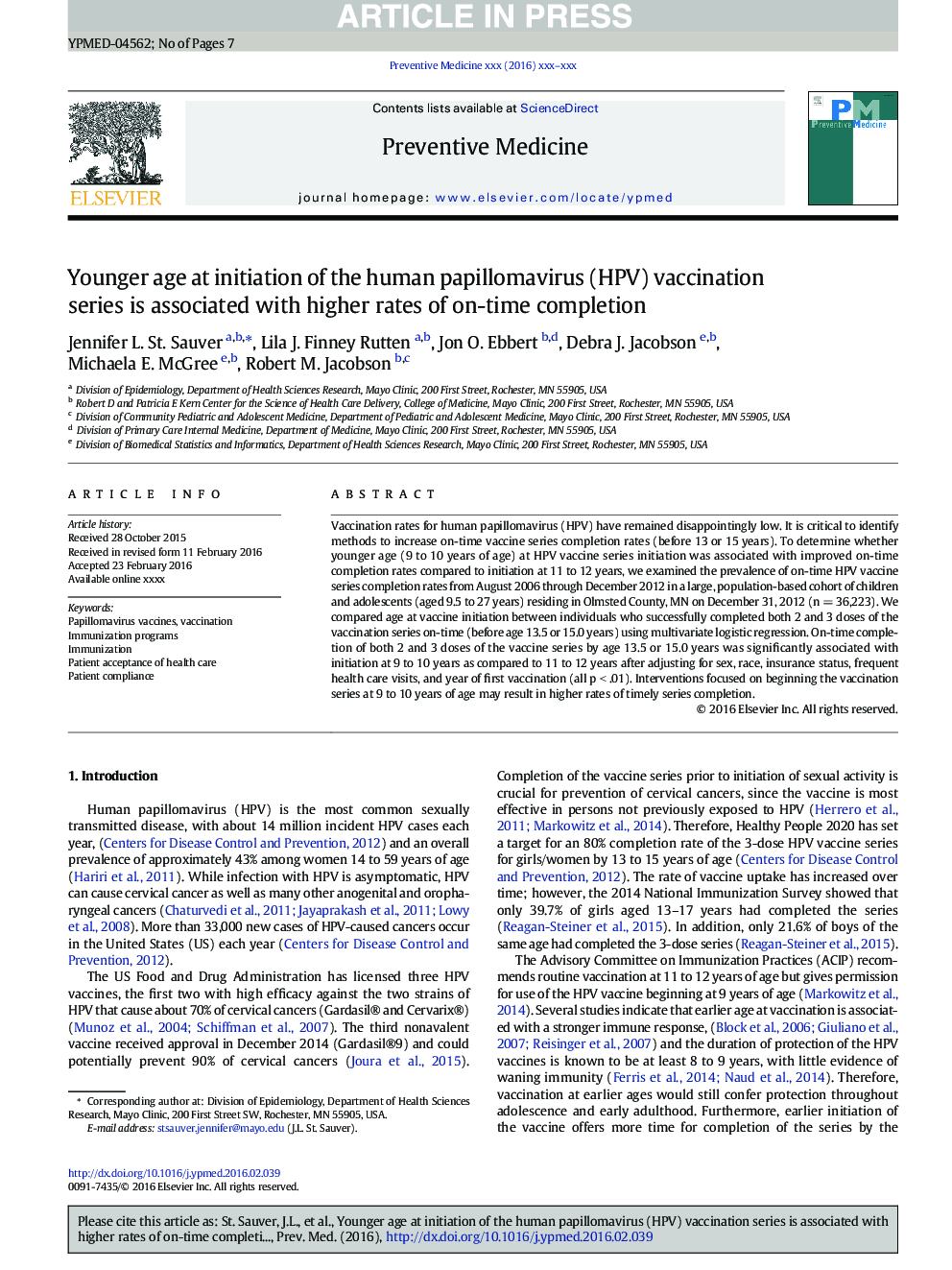 Younger age at initiation of the human papillomavirus (HPV) vaccination series is associated with higher rates of on-time completion