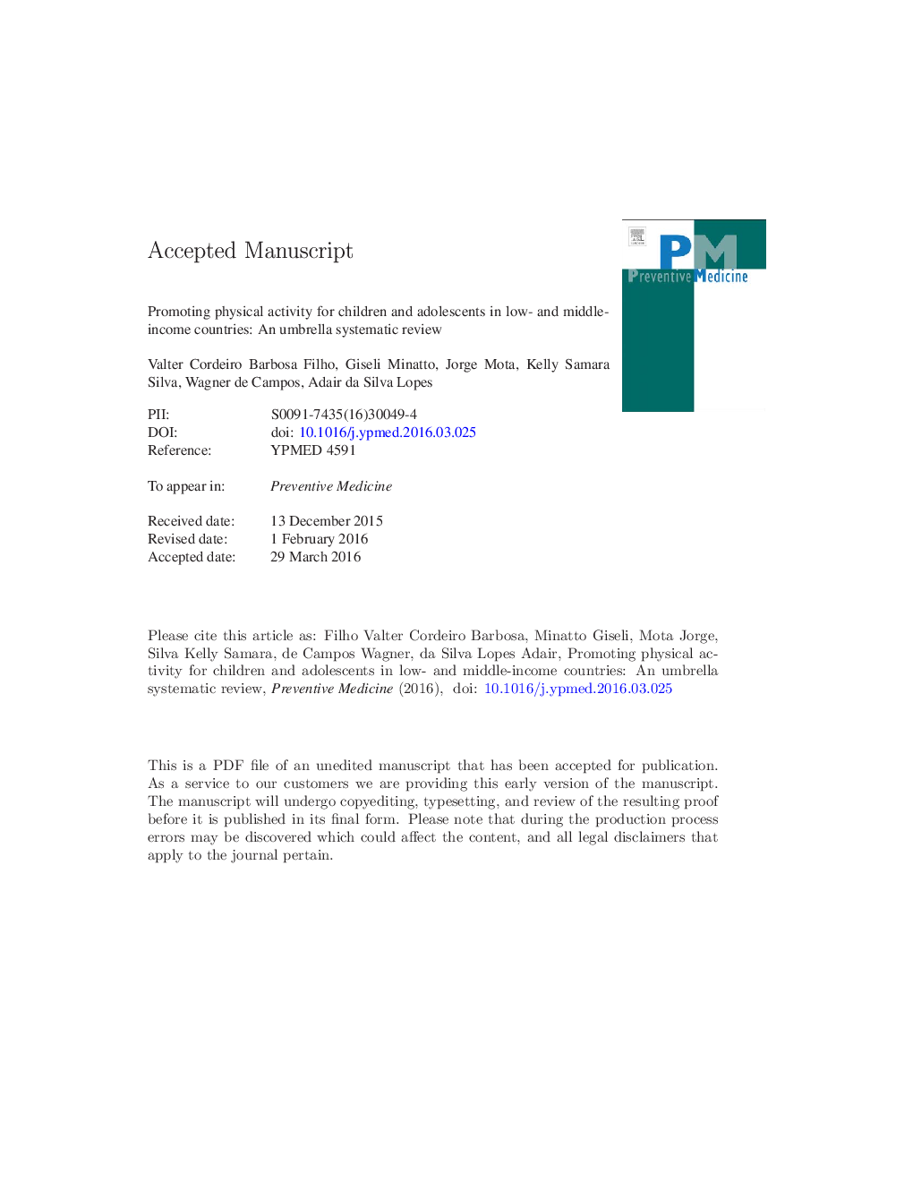 Promoting physical activity for children and adolescents in low- and middle-income countries: An umbrella systematic review