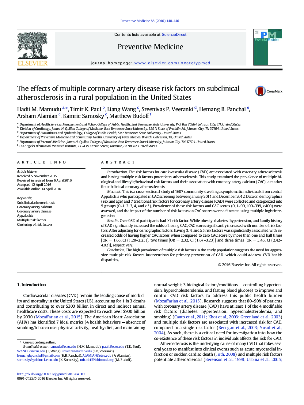 The effects of multiple coronary artery disease risk factors on subclinical atherosclerosis in a rural population in the United States