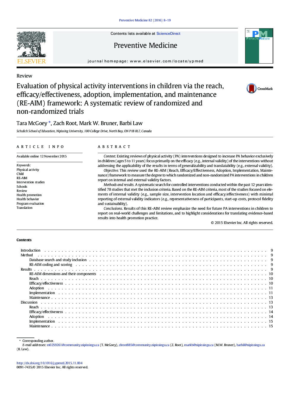 ReviewEvaluation of physical activity interventions in children via the reach, efficacy/effectiveness, adoption, implementation, and maintenance (RE-AIM) framework: A systematic review of randomized and non-randomized trials