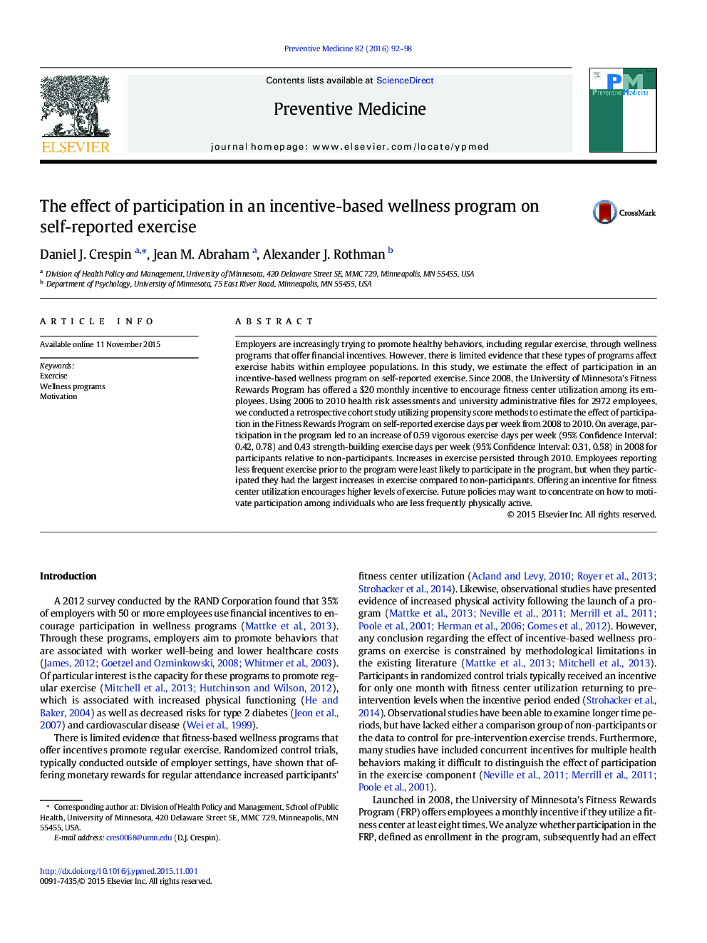 The effect of participation in an incentive-based wellness program on self-reported exercise