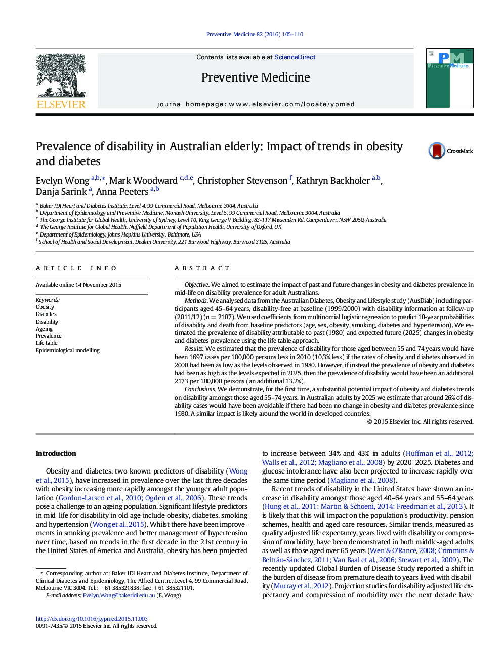 Prevalence of disability in Australian elderly: Impact of trends in obesity and diabetes