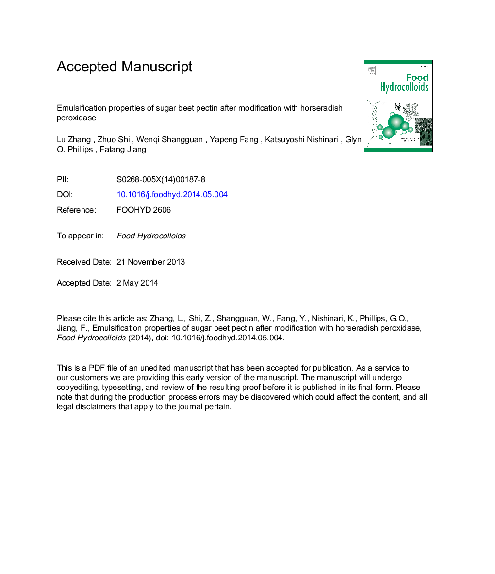 Emulsification properties of sugar beet pectin after modification withÂ horseradish peroxidase