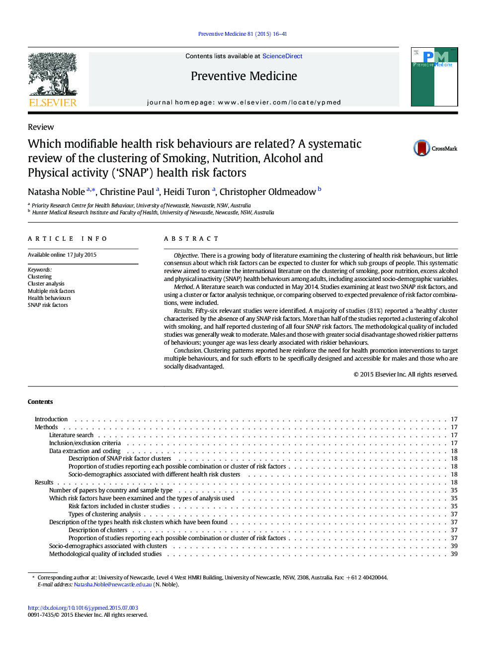 ReviewWhich modifiable health risk behaviours are related? A systematic review of the clustering of Smoking, Nutrition, Alcohol and Physical activity ('SNAP') health risk factors