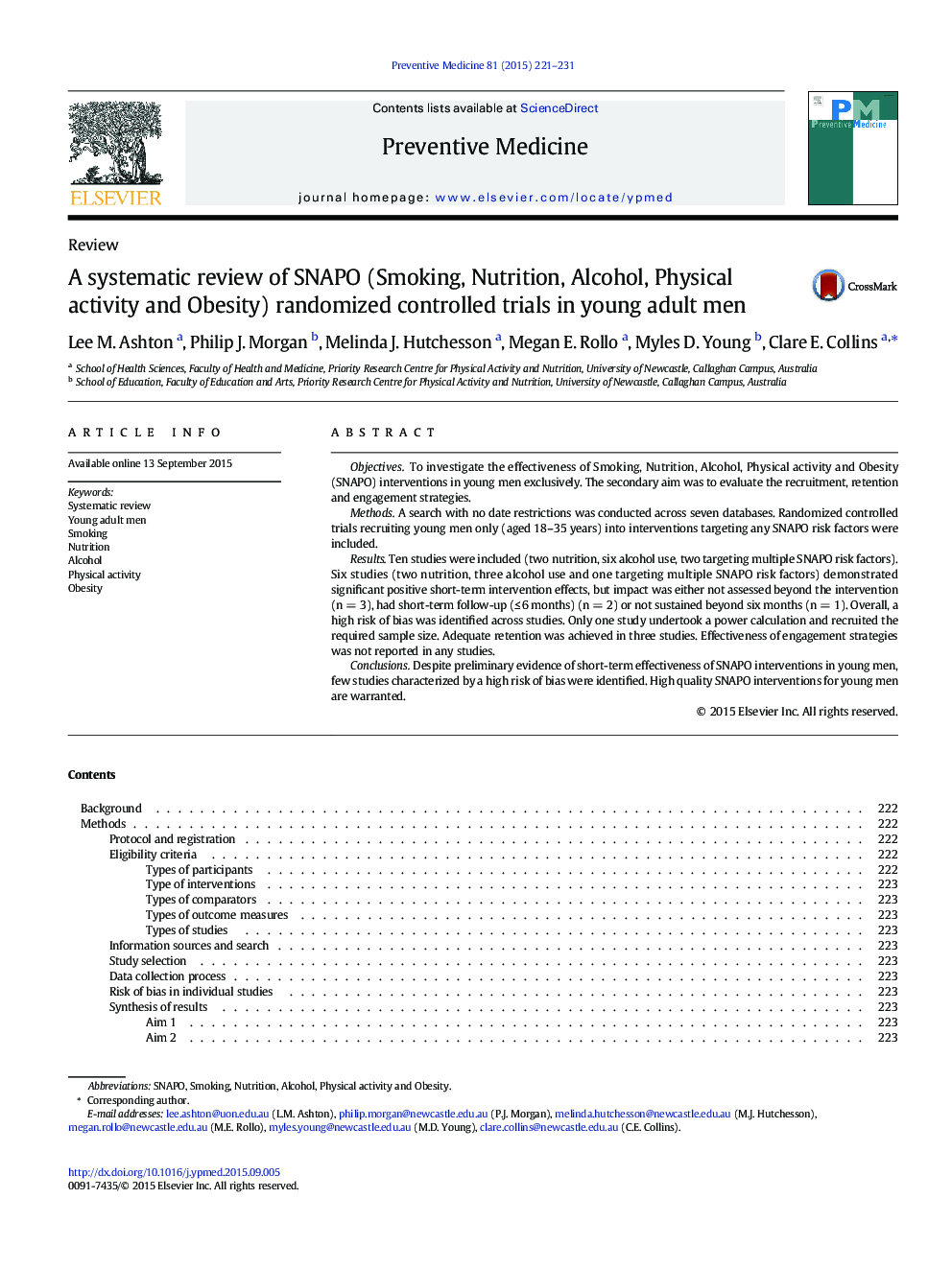 A systematic review of SNAPO (Smoking, Nutrition, Alcohol, Physical activity and Obesity) randomized controlled trials in young adult men