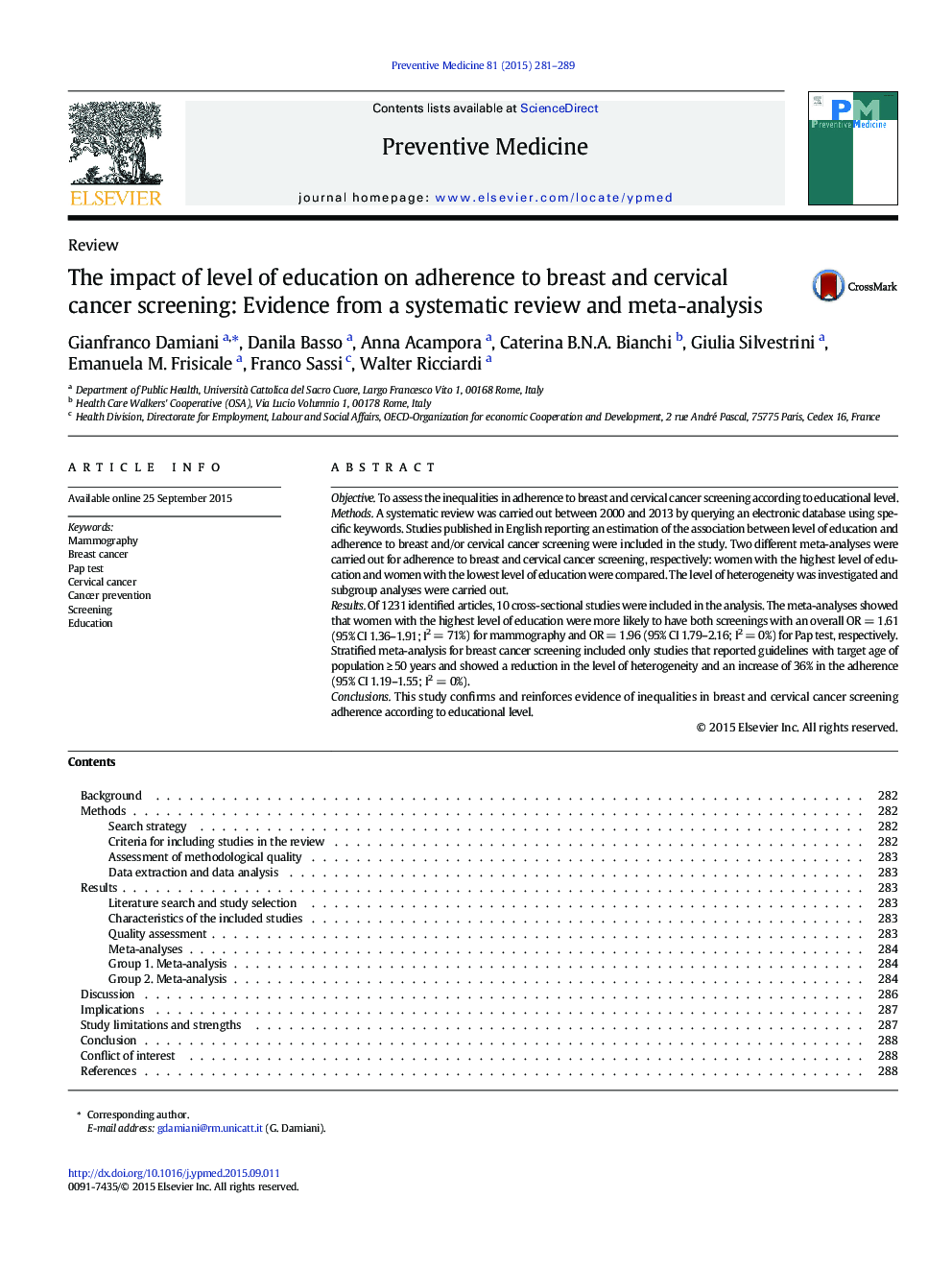 The impact of level of education on adherence to breast and cervical cancer screening: Evidence from a systematic review and meta-analysis